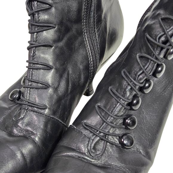 Vintage Poppies Leather Granny Boots Black Ankle Booties Pointy Kitten Heel 7.5 - Picture 4 of 16
